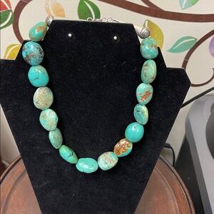 Large Turquoise Bead Necklace w/Silver Caps & Beads. 17” Length An Eye Catcher!